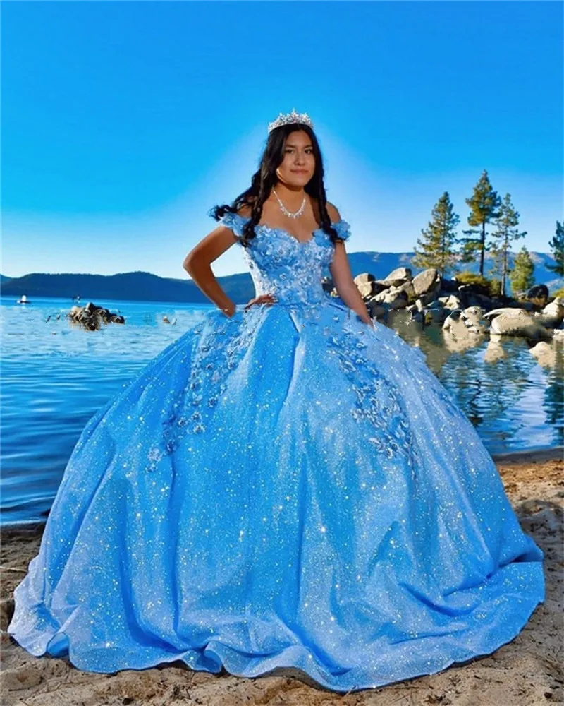 2021 gelo azul vestido de baile vestidos quinceanera com mangas dechable querida tule renda applique doce 16 vestido festa wear