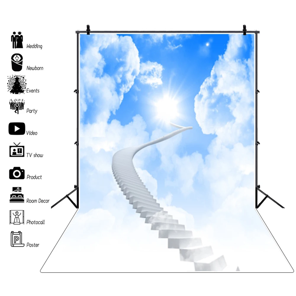 Laeacco Wonderland Shinny Cloudy Stairs To Sky Photography Backgrounds Heaven Holy Cross Jesus Room Decro For Photo Backdrops