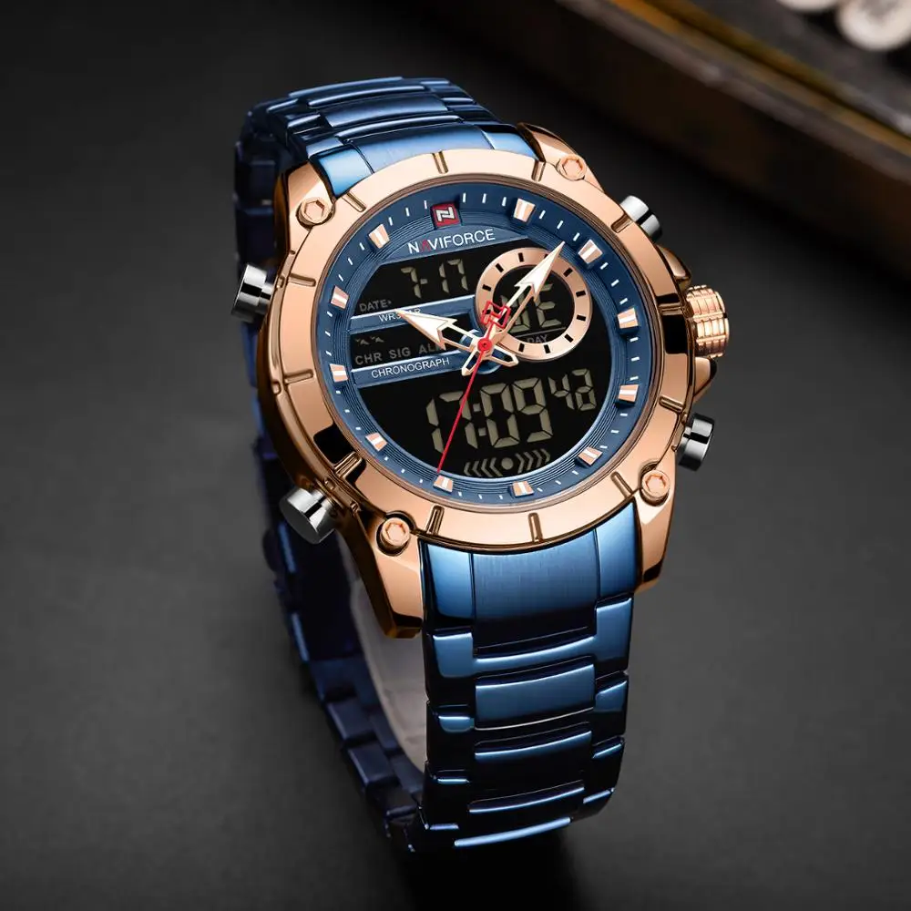 NAVIFORCE Blue Gold Fashion Creative Design Full Steel Sport Quartz Watch 2021 New Business Dual Display Wrist Watch Man Relogio