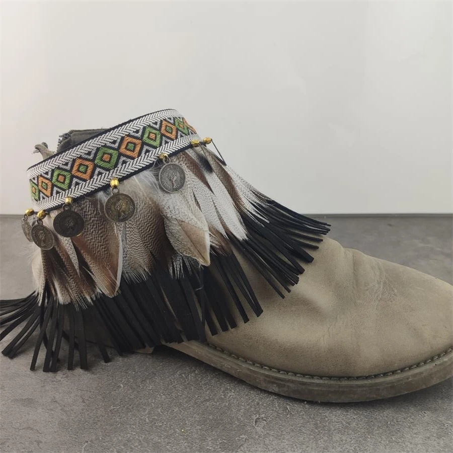 Boho Women Handmade Feather Shoes string Ankle Tie Strap Band for Shoes Belt Leather Band Tassel Boot Belt