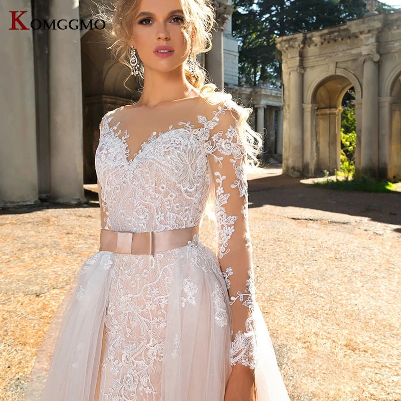 Lusso o-collo ricamo Appliques Tulle manica intera sirena abito da sposa elegante treno staccabile 2 IN 1 abito da sposa 2023