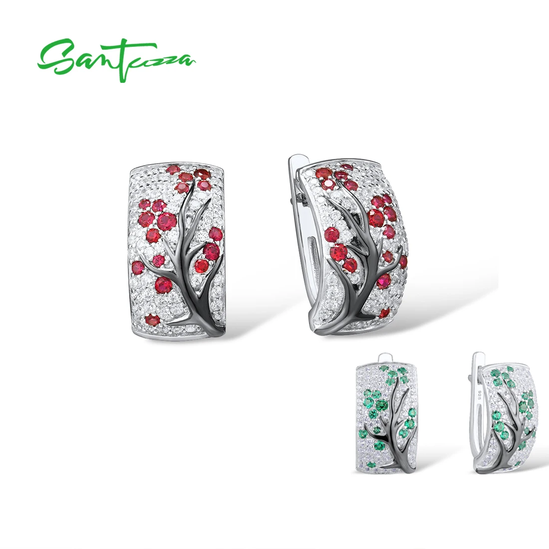 SANTUZZA Silver Earrings For Women Pure 925 Sterling Silver Pink Green Cherry Sparkling Cubic Zirconia brincos Fashion Jewelry