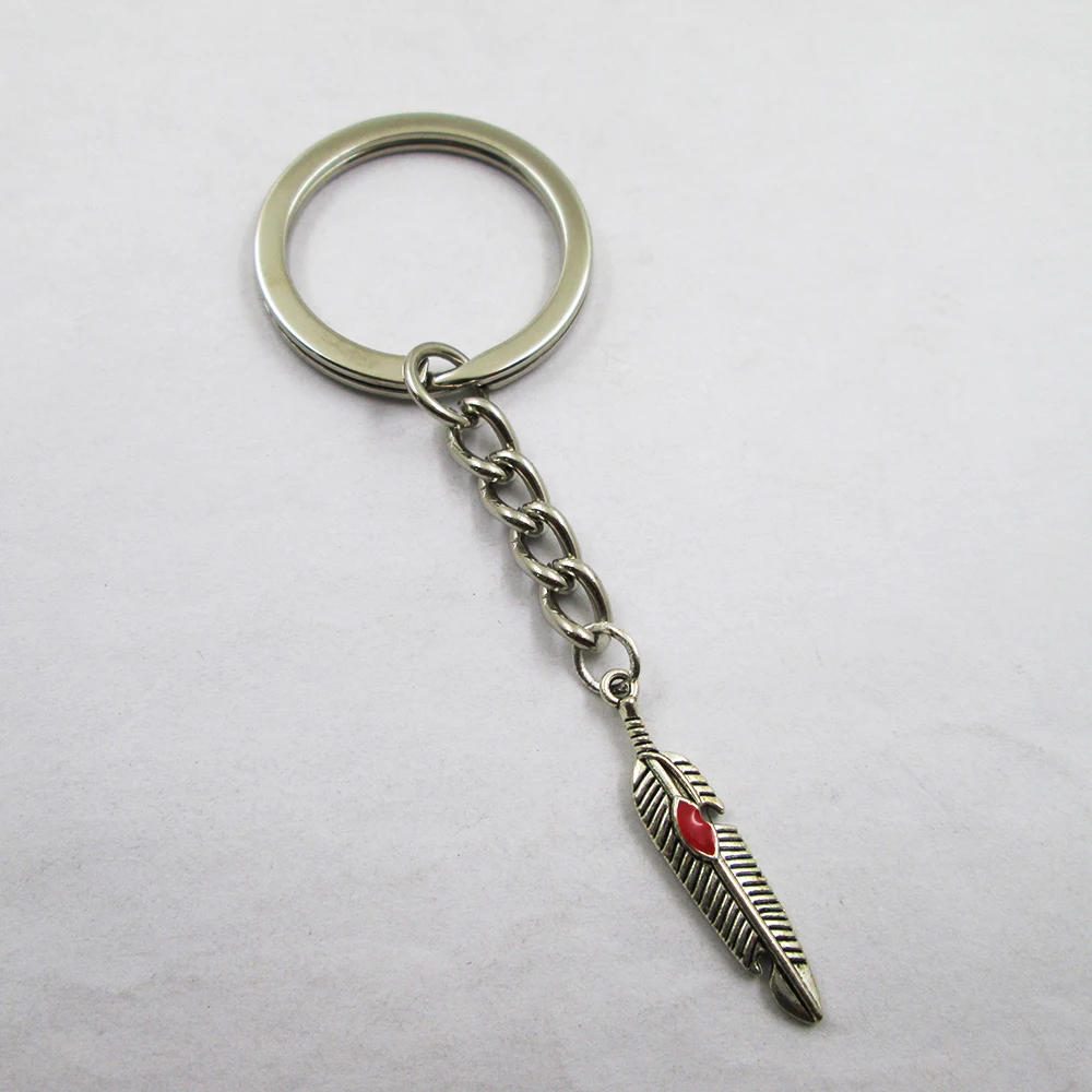 3pcs/lot   Feather with red  27x6mm charms keyring best frined,birthday  present ,pendant keychain