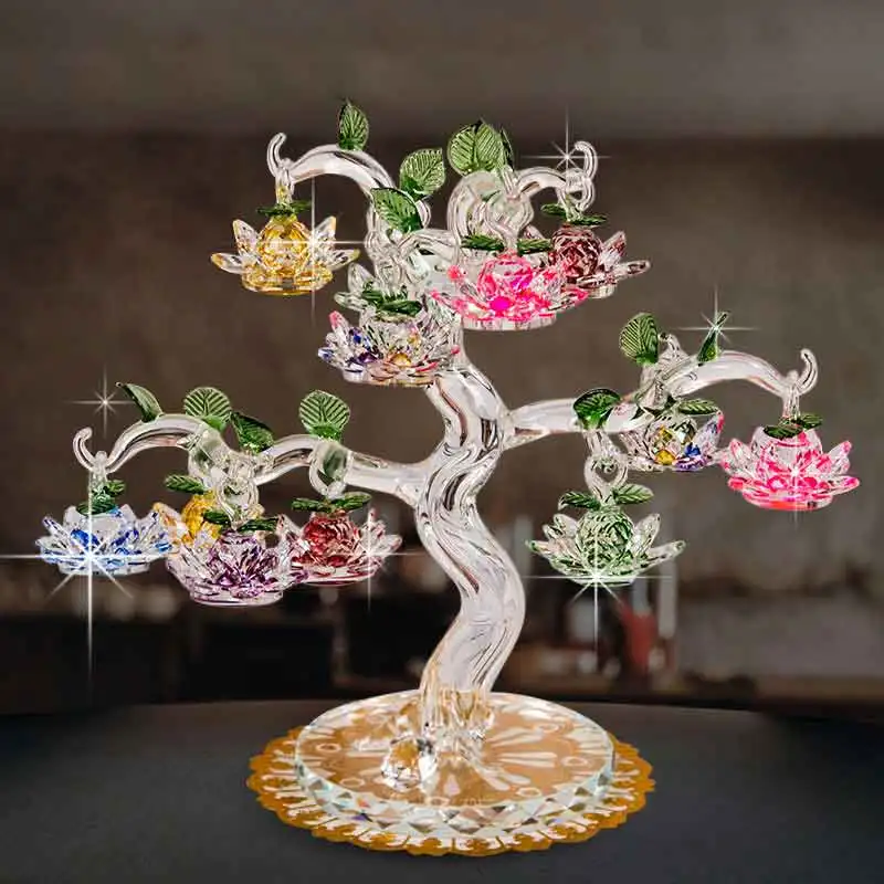 High-end Crystal Glass Lotus Tree with 6/8/10/12/18pcs Lotus Fengshui Craft Home Decor Figurines Christmas Gifts Souvenirs Decor