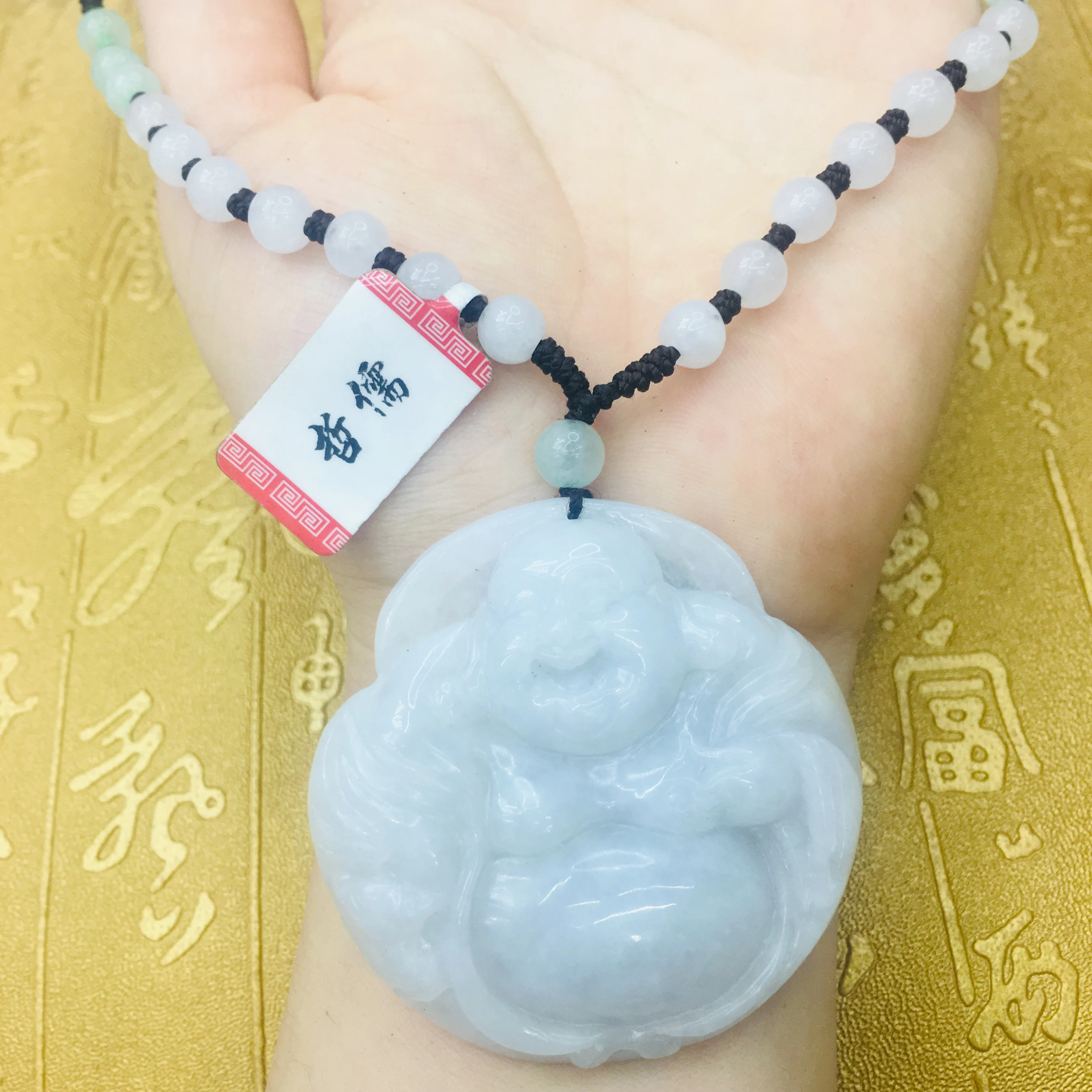 Natural JADESt Pendant Carved Big Round Laughing Buddha Pendant with Tri-Color Bead Necklace Elegant Lady Clavicle Chain