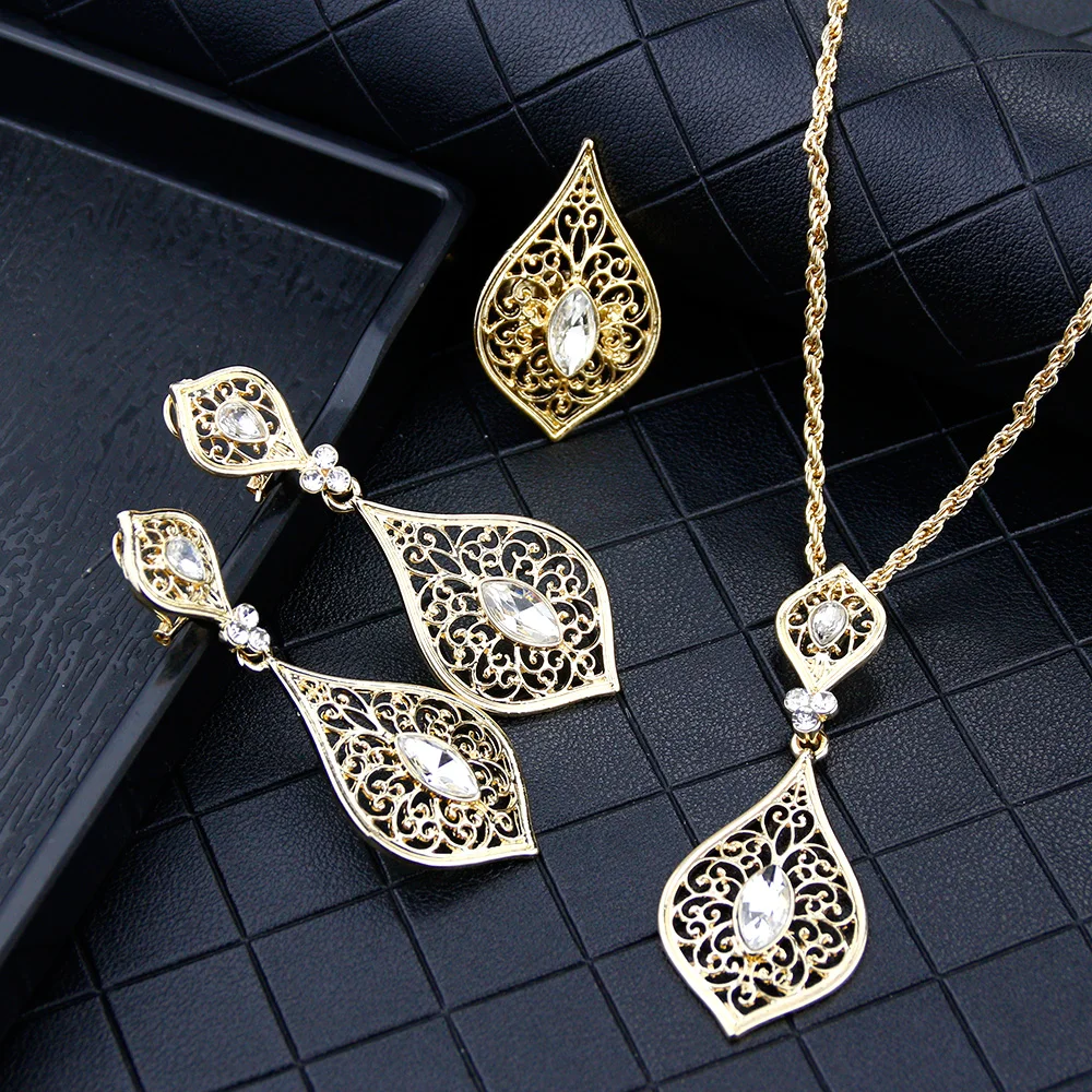 Sunspicems Gold Color Morocco Bride Jewelry Sets Arabic Women Jewerly Sets Ring Earring Necklace Gold Color Muslim Bijoux Gift