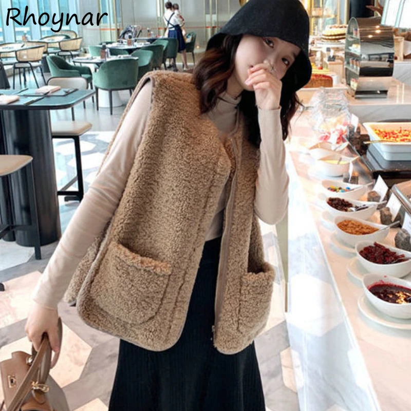 

Vests Women Winter Elegant New Chic Fashion Loose Simple Female Solid Vintage Ulzzang Tender All-match Pockets Daily Leisure Fit