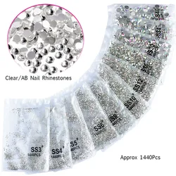 1440Pcs AB/Clear Nail Art Crystal Rhinestone Nails Stones Charms SS3/4/5/6/8/10/12/16/20 Non HotFix 3D Glass Strass Decorations
