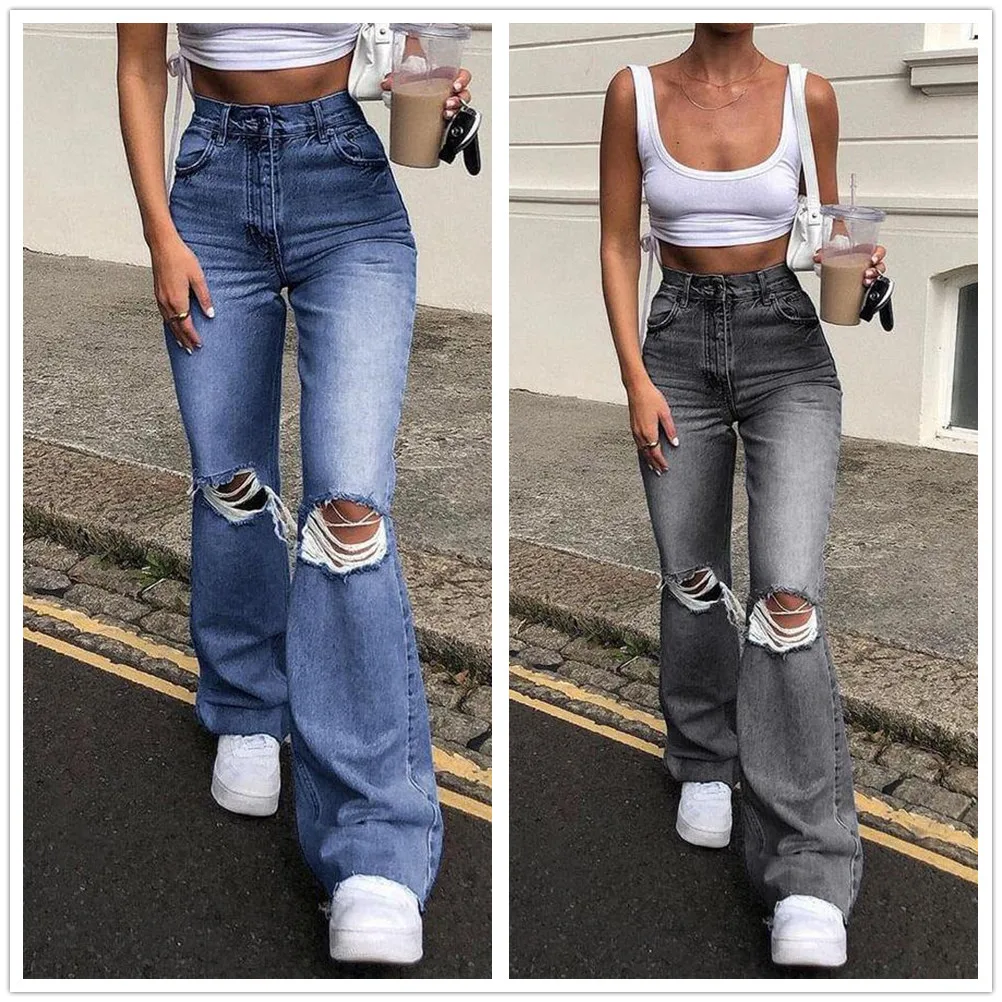 

2021 Fall New High Waist Women Ripped Flare Jeans Retro Casual Stretch Slim Denim Boot Cut Pants S-2XL Drop shipping