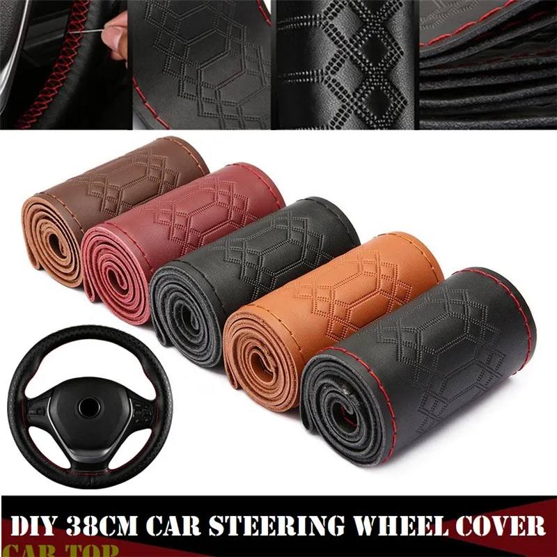 Universal Steering Wheel Cover Embossed Hand Braid Genuine Leather Car Wheel Cover For Steering Wheel