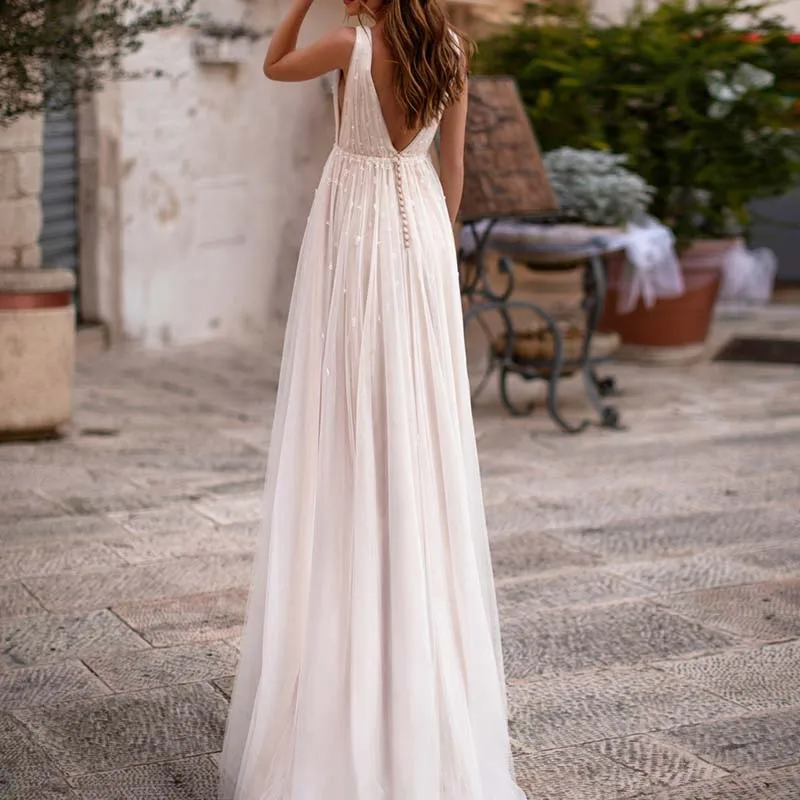 Sexy illusion Plunging V-neck Boho-inspired A-line Wedding Dresses 2019 See Through Casual Beaded Tulle Chic Bridal Gowns AX130