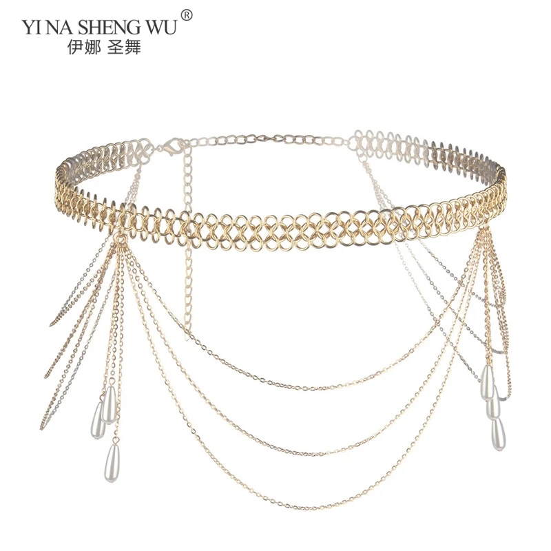 Cadena de aleación de exageración para danza del vientre para mujer, cinturón de cintura multicapa, borla de perla de Chian, joyería de moda, novedad