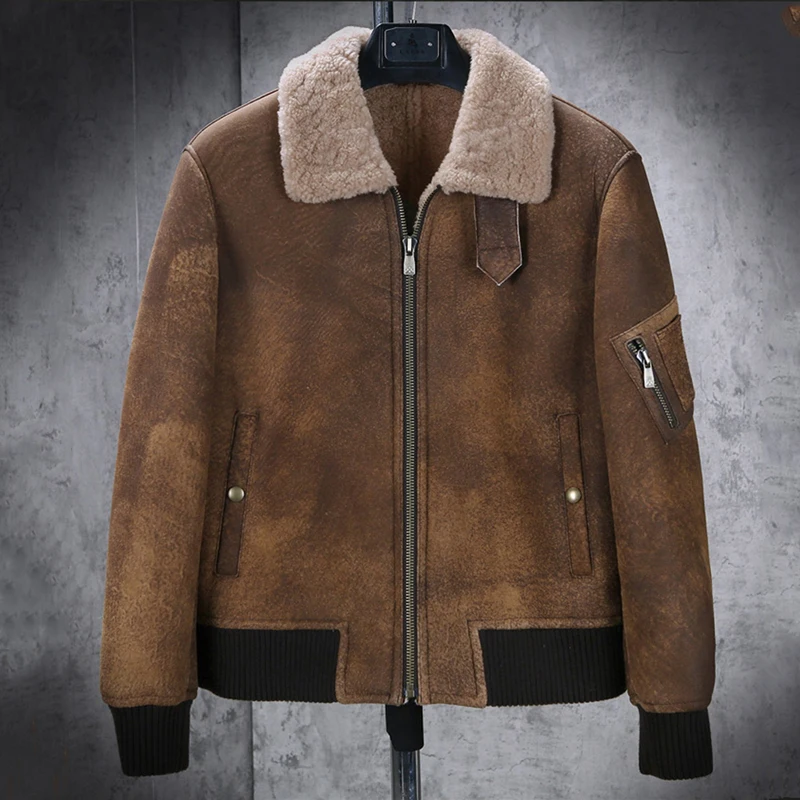 

New Mens Shearling Coat B3 Bomber Jacket Short Fur Coat Brown Leather Jacket Fashion Motorcycle Jacket