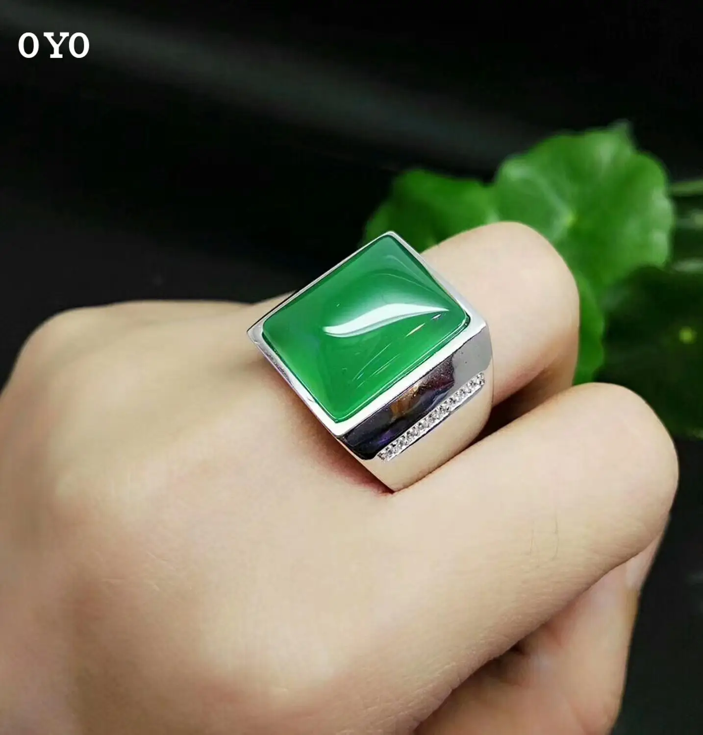 100%925 Silver Inlaid Natural Agate Emperor Green Chalcedony Ring Men's Pull Ring