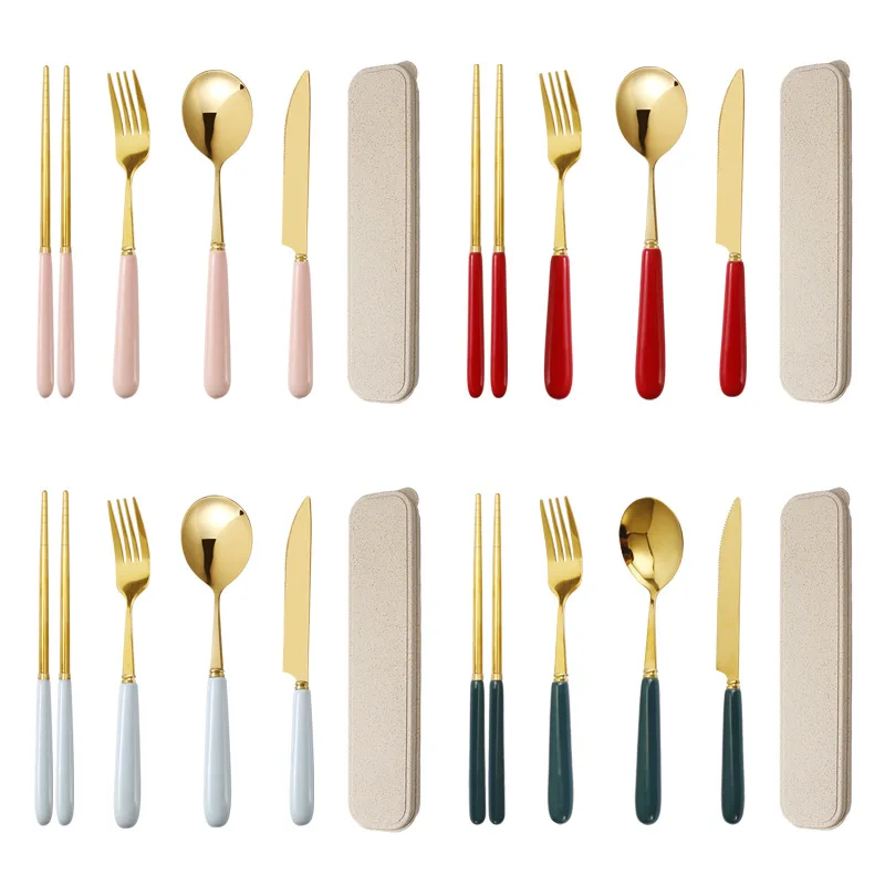 

Gold-Plated Glazed Ceramic Handle 304 Stainless Steel Portable Tableware Set Steak Cutlery Chopsticks Western Tableware