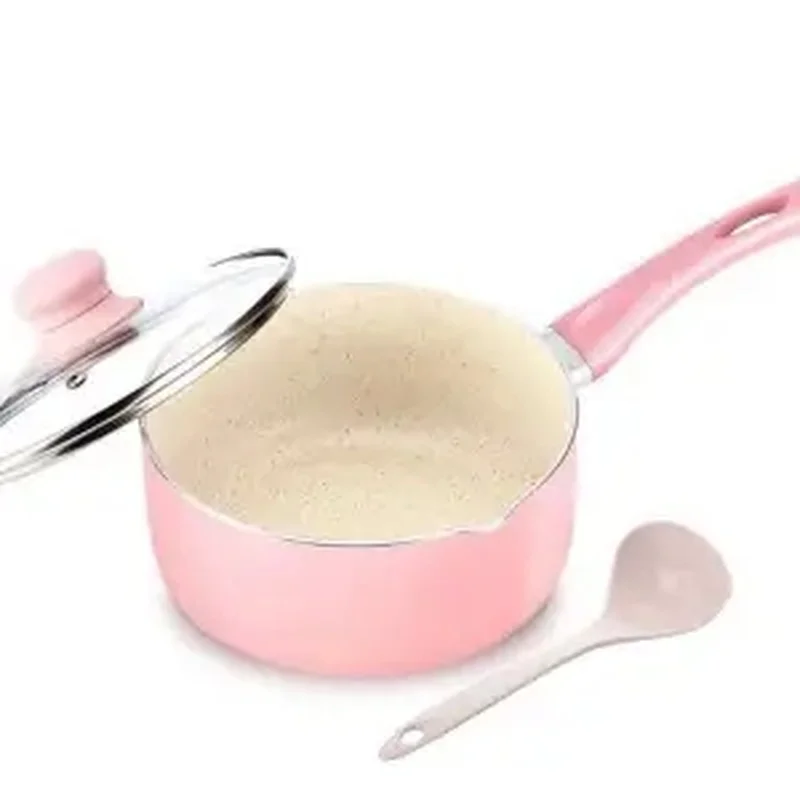 16CM/18CM Pink Mainfan Stone Soup Pot Milk Saucepan Portable Non-stick Cooking Pan Kitchen Cookware For Gas & Induction Cooker