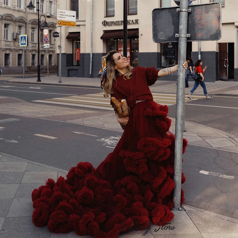 New Deep Burgundy Hi Low Puffy Ruffled Tulle Skirts Women With Train Street Photoshoot Caterpillar Pleated Skirt Robe De Soiree