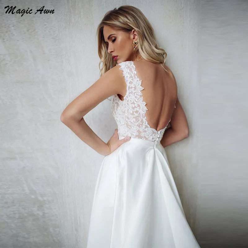 Magic Awn-Vestidos de novia de satén con encaje, ropa de novia Bohemia con escote en V, Espalda descubierta, línea A, tren de barrido, Princesa, elegante, 2021