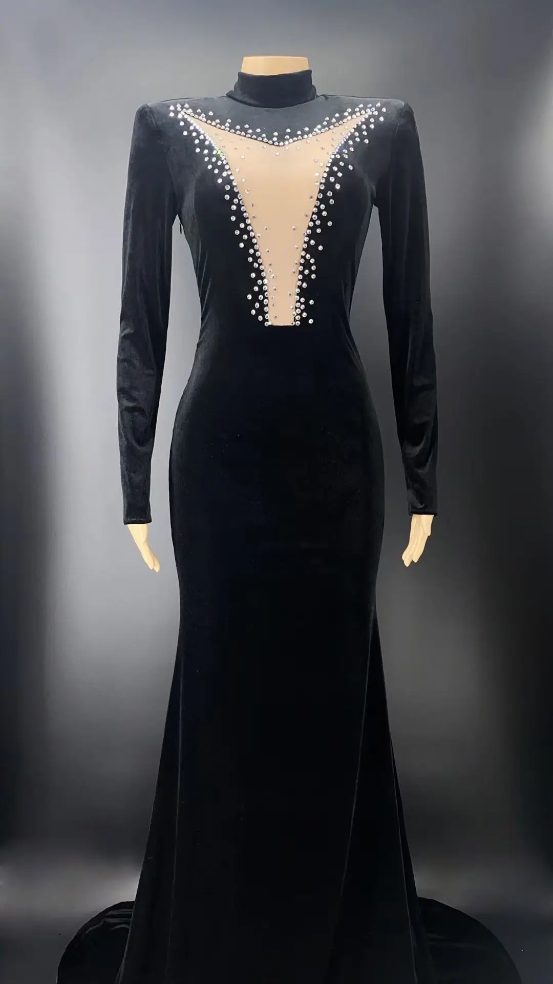 

Black Mermaid Party Dress Club stage show costume Prom Gowns Long Sleeves Aso Ebi Style Velvet South Afraic Dresses