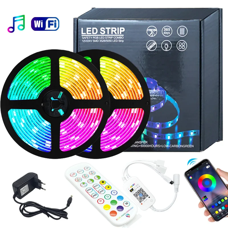 NEW WIFI LED Strip Light RGB 5050/2835 Flexible Ribbon Fita RGB Led Lights Tape Diode 20M-5M DC 12V and Music WIFI Controller