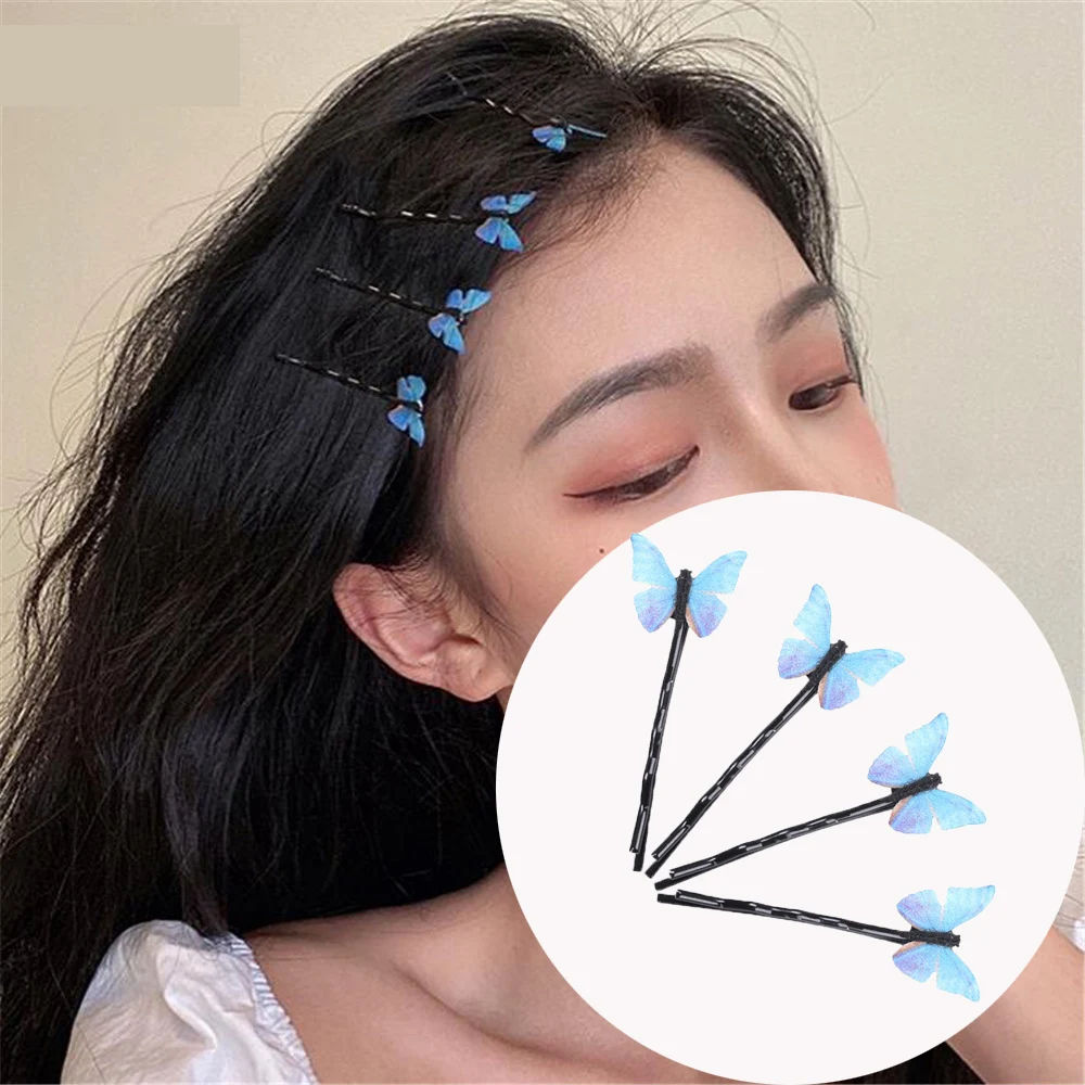 4pcs Women girls Cute Blue Butterfly Hair Clips Hairgrips Scrunchie Hairpins Hair Barrettes Word clip hair accessories for Women