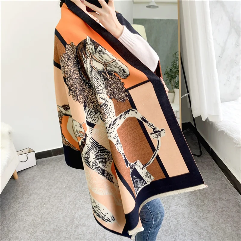 New Woman Fashion European And American Style Retro Horse Printing Imitation Cashmere Shawl Multifunction Decorate Warm Scarf