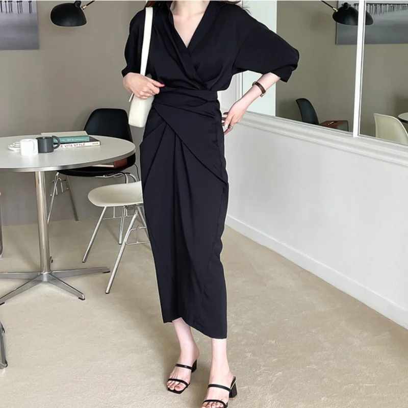 2021 New Women Summer Long Bandage Shirt Dress V Neck Slim Waist Wrap Dresses Maxi Sundress