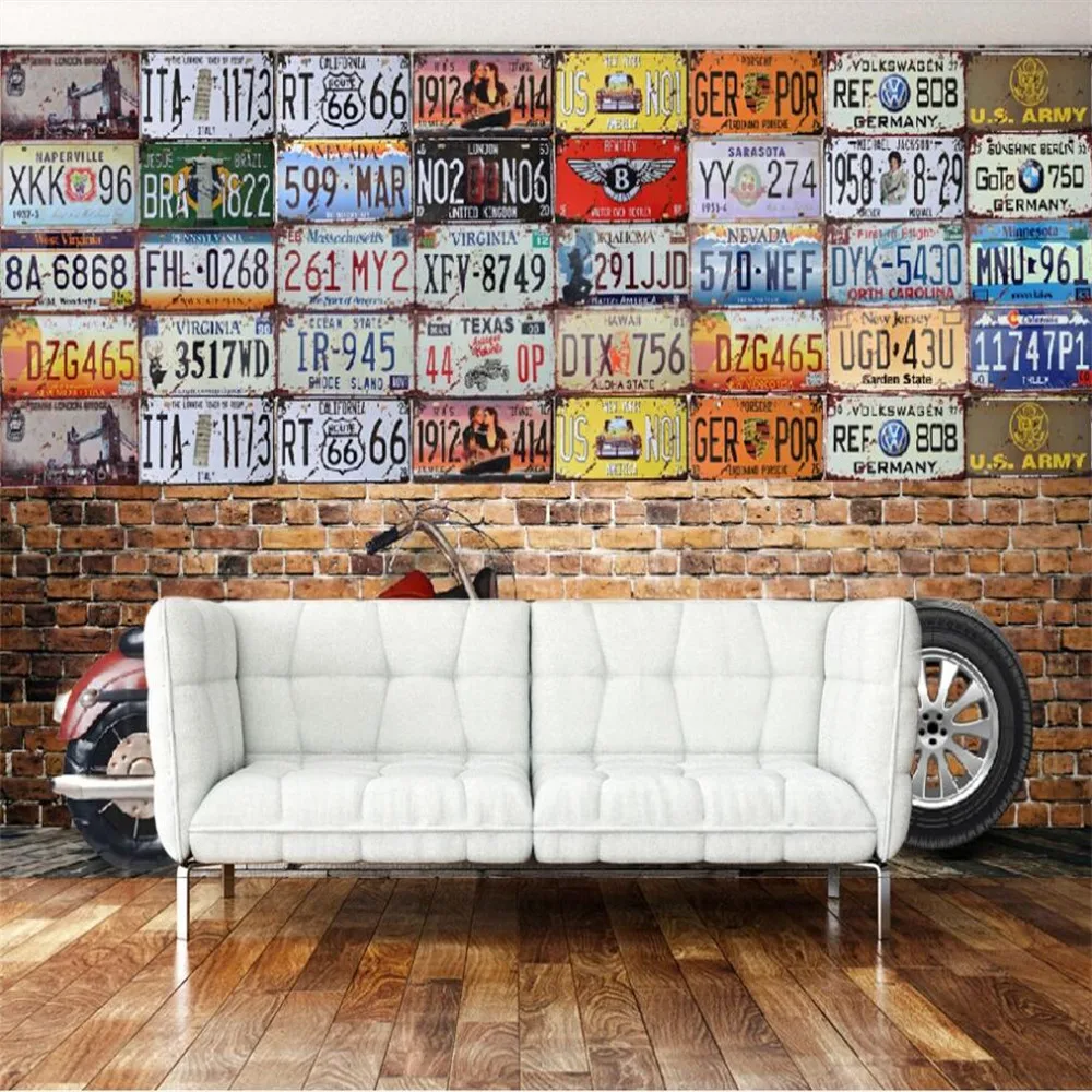 Milofi custom 3d wallpaper mural retro nostalgic license plate motorcycle bar background wall decoration painting mural