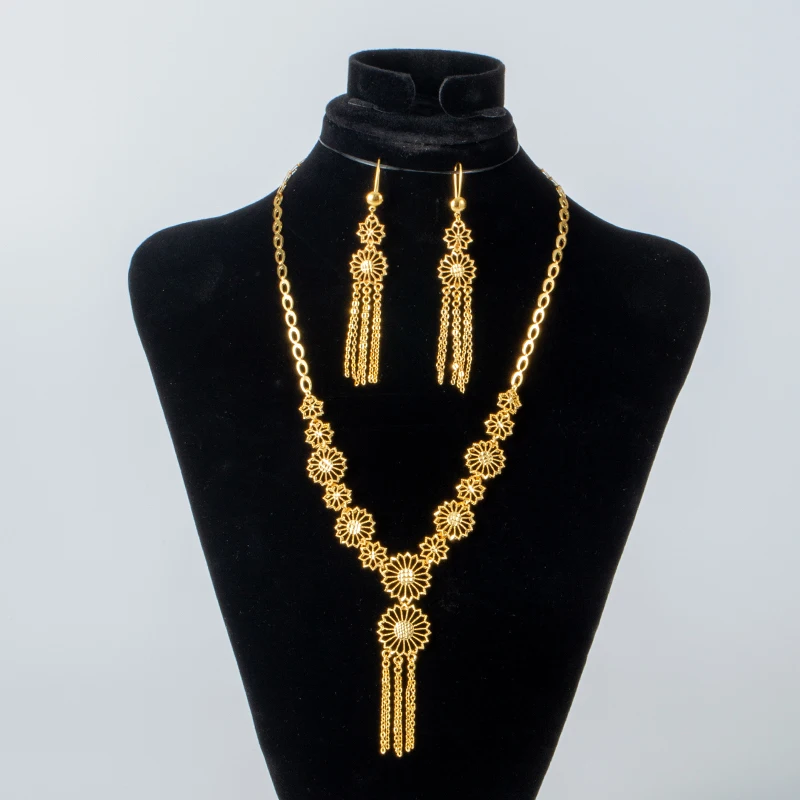 Nieuwe 2020 Dubai Sieraden Set Voor Vrouwen Arabische Ethiopische Ketting Afrikaanse Oorbellen Goud Kleur Ketting Bruids Gift