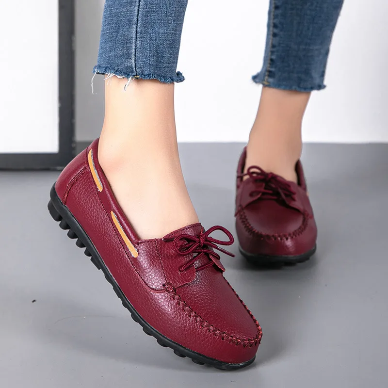 WOIZGIC Women\'s Female Ladies Mother Genuine Leather Shoes Flats Loafers Lace Up TPR Autumn Spring Plus Size 42 43 44
