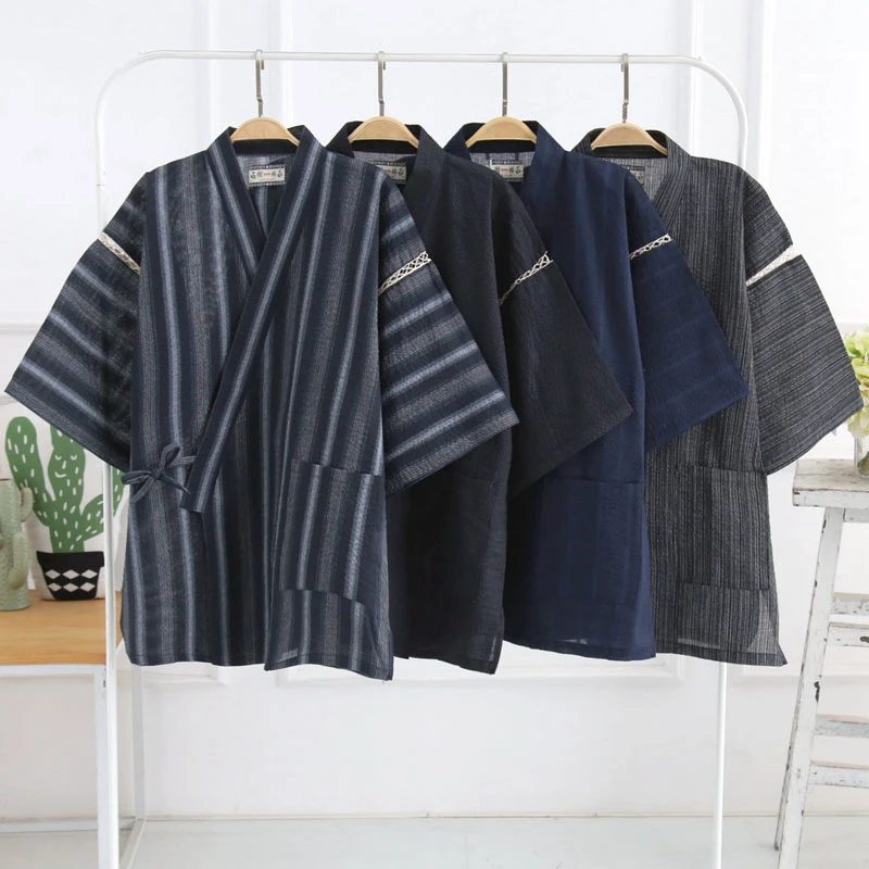 Japanese Men Cardinga Haori Cotton Kimono Stripe Sweat Suit Hollow Five-Point Sleeves Diagonal Lace Loose Plus Size Men Pajamas