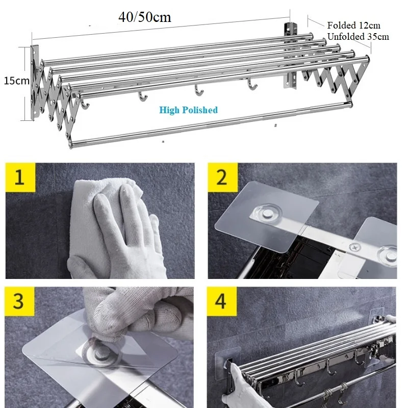 1Pc 304 Stainless Steel 40cm 50cm Wall Mounted Extendable Retractable Folding Towel Rack Screw Or No Drill Sticker