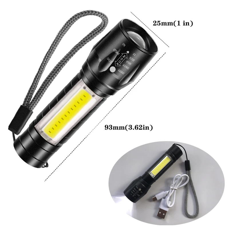 Mini LED Flashlight USB Rechargeable Camping Outdoor Lamp Zoomable Torch Work Lights Three Modes