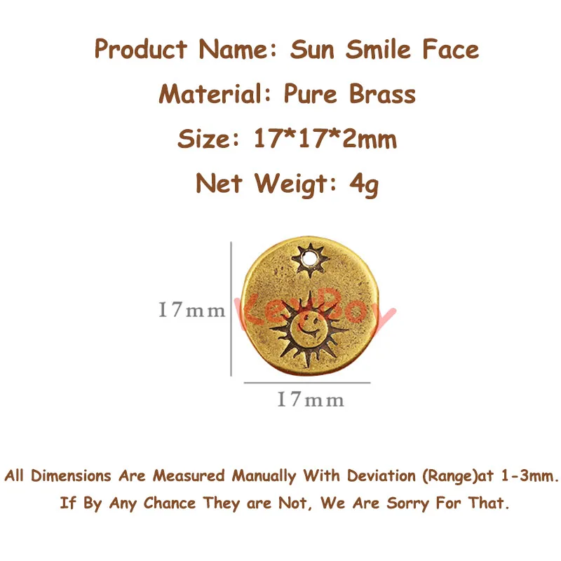 Pure Brass Cute Sun Smile Face Small Round Card Tag KeyChain Pendant Trinket Bag Hanging Jewlery Necklace Bracelet DIY Accessory