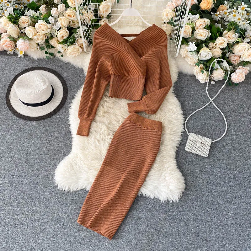 Croysier Winter dwuczęściowy zestaw kobiet sweter Top i spódnica 2 sztuka dzianiny zestaw kobiet ubrania eleganckie Sexy Bodycon zestawy stroje