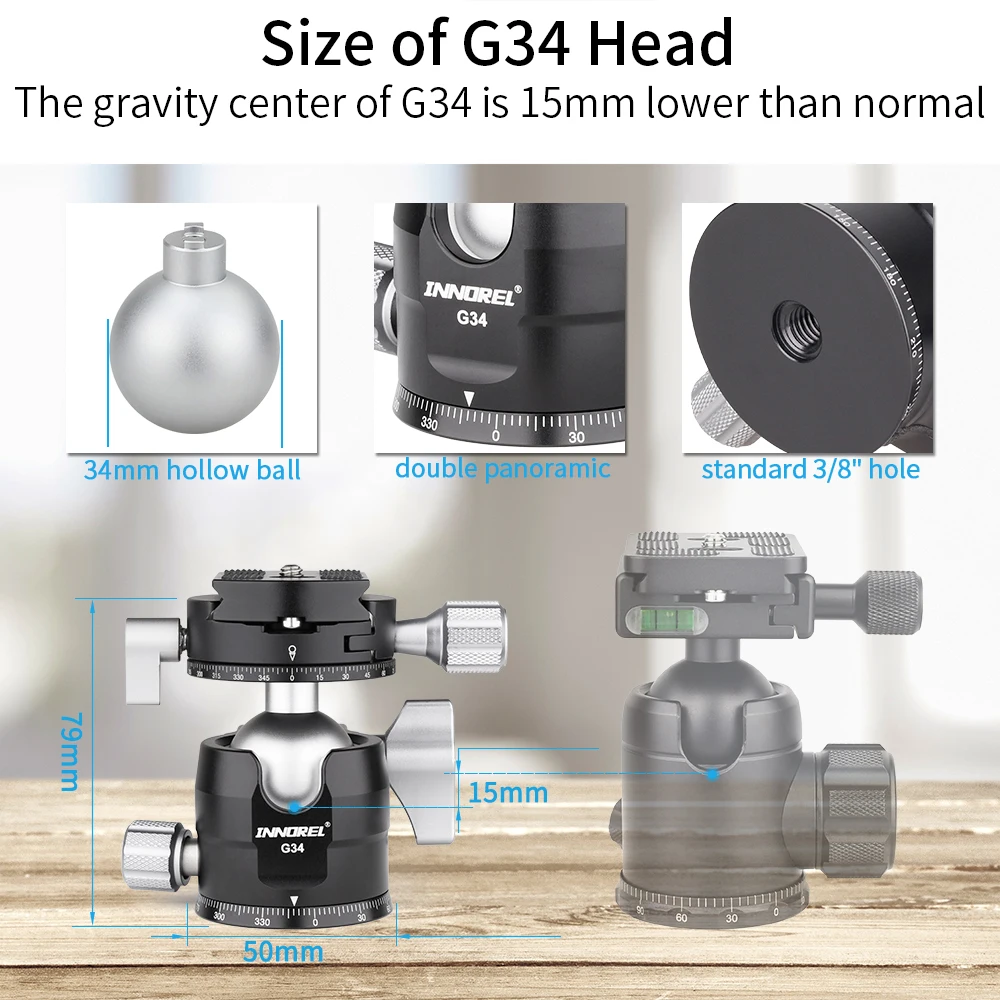 INNOREL G34/G40 Professional Low Profile Gravity Center Double Panoramic Tripod Ballhead add Universal Q.R.Plate for DSLR Camera