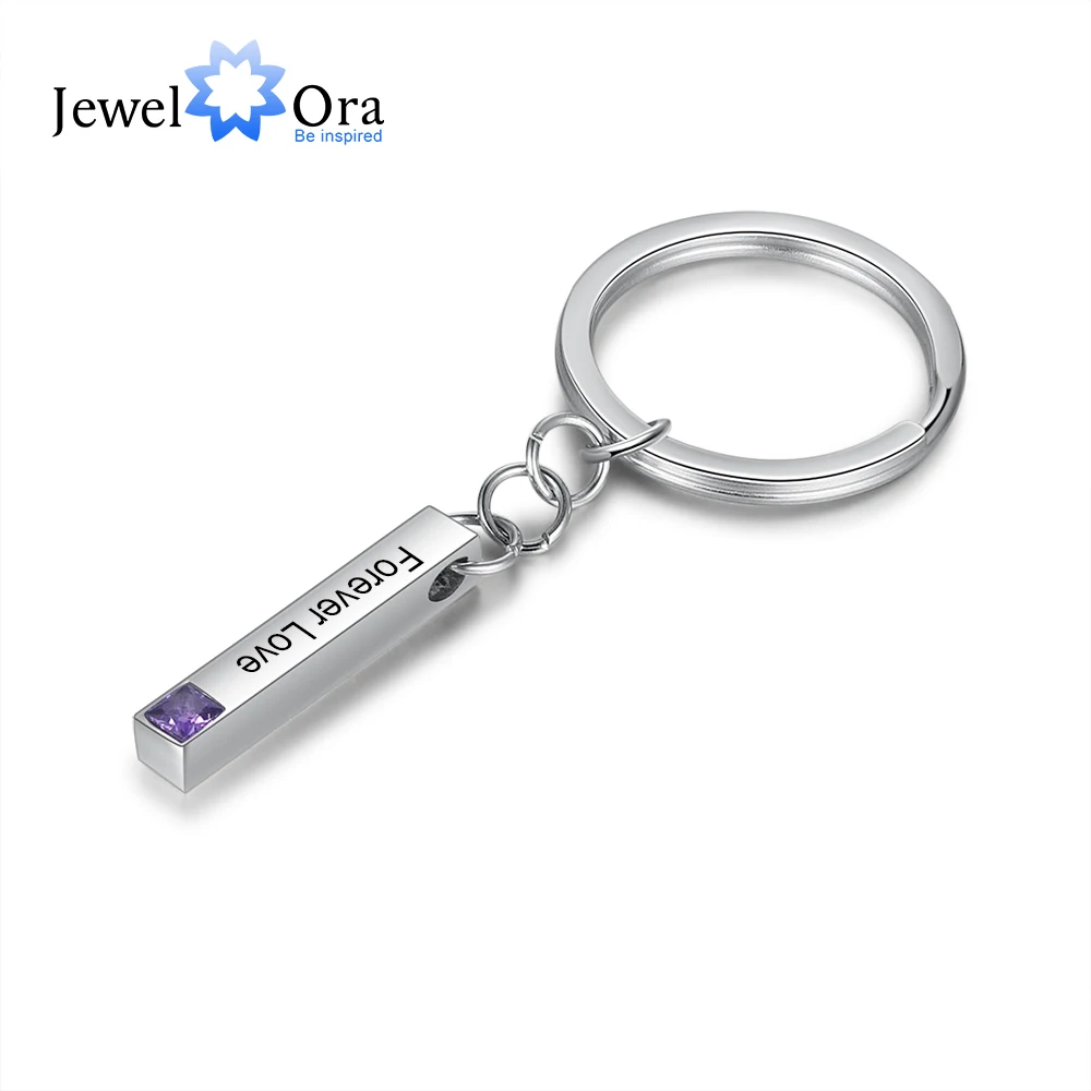 JewelOra Personalized Bar Keychain Couple Stainless Steel Jewelry Customized Birthstone Cute Memory Gift Engraved Name for Women