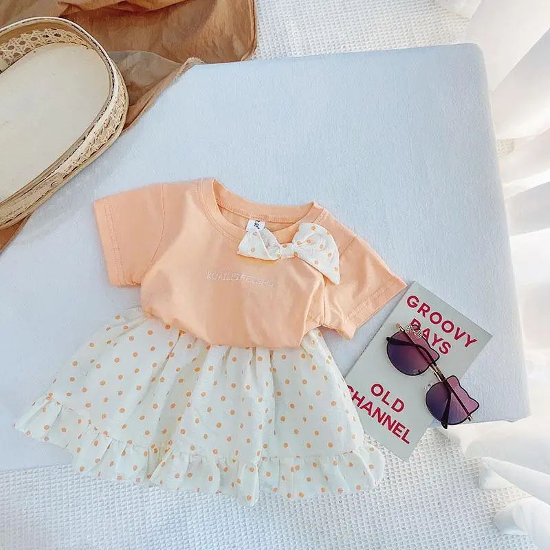 

2021 baby Girls Summer T Shirts+dot Skirts Cute Bow ,toddlers Kids Elegant Birthday Children Clothing Set