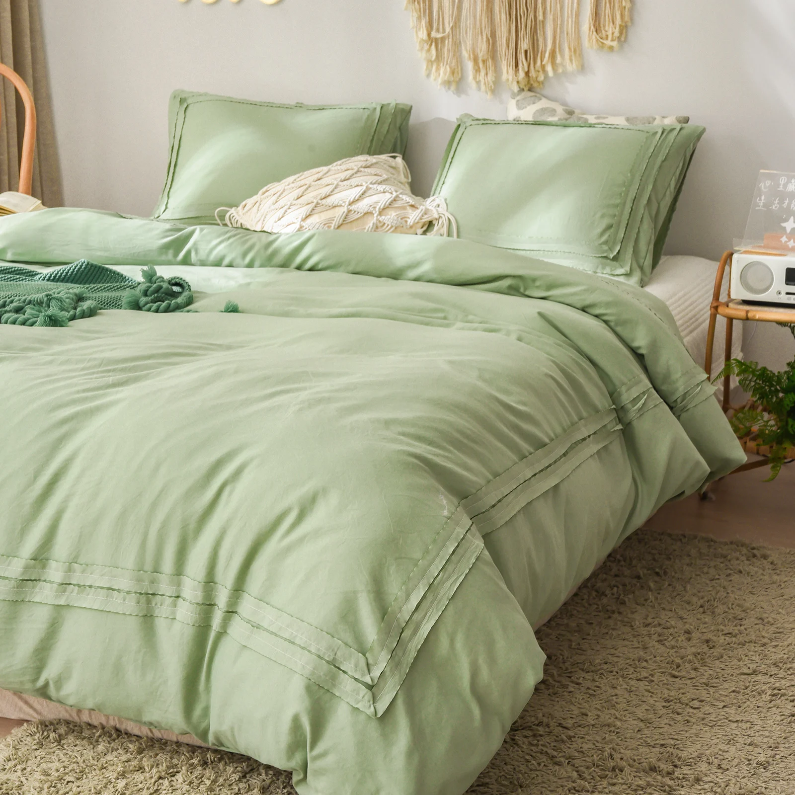 

Sage Green Bedding Green Ruched Lace Duvet Cover Set Farmhouse Ribbon Border Design Dark Green Boho Bedding Sets