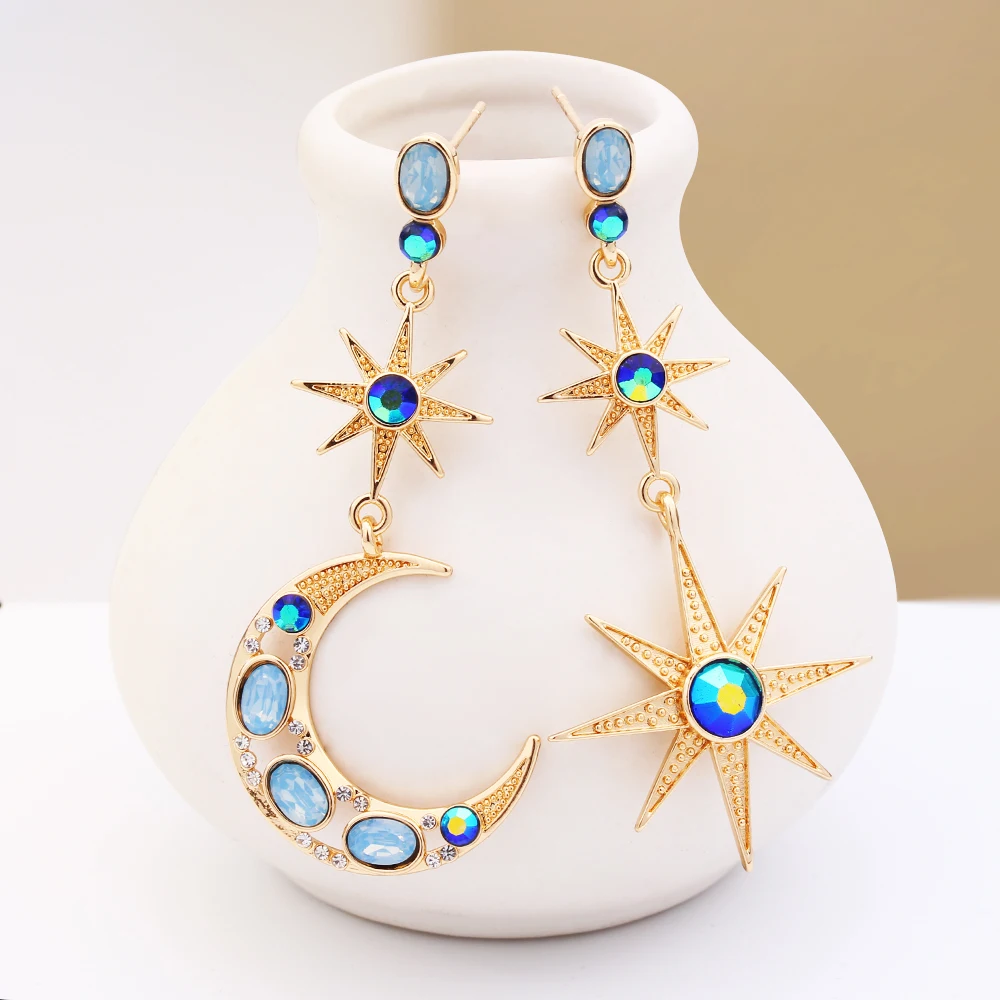 Women Earrings Star Earrings Gold Color Star Moon Asymmetrical Earrings with Blue Zircon Romantic Surprise Gift for Girlfriend