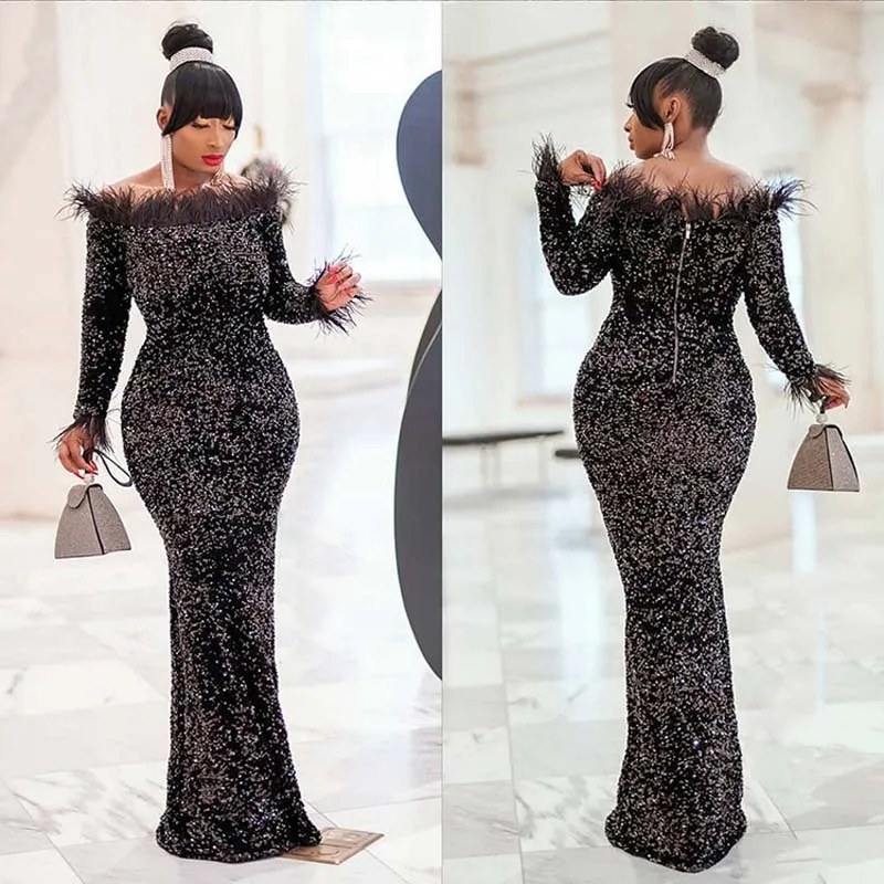 Sexy Slash Neck Sequins Velvet Dress African Clothes Women Bodycon Dress Long Sleeve Feather Collar Bandage Evening Dress Party