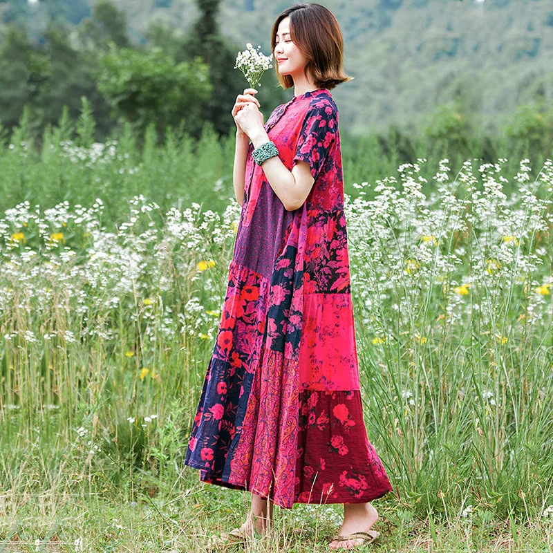 Summer New Cotton Printing Ethnic Style Pannelled Stitching Pastoral Dress Floral Dress Long Dress Women