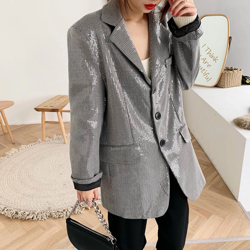 New Fashion 2022 Blazer coreano primavera paillettes risvolto manica lunga tasca cappotto allentato abito monopetto donna ufficio signora XZ35