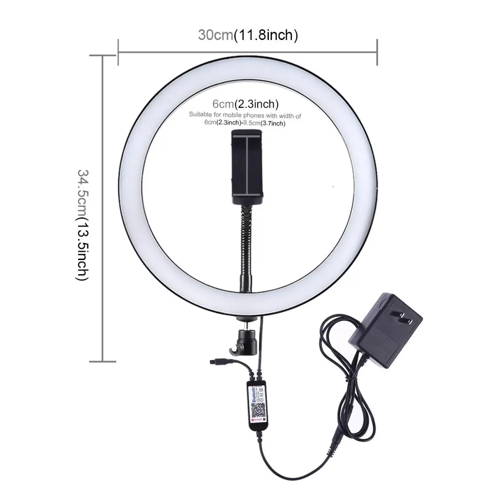 LED Ring Light 12 Inch Photography Dimmable Selfie RGB Full Color Video Light &Cold Shoe Tripod Head &Phone Clamp EU US Plug