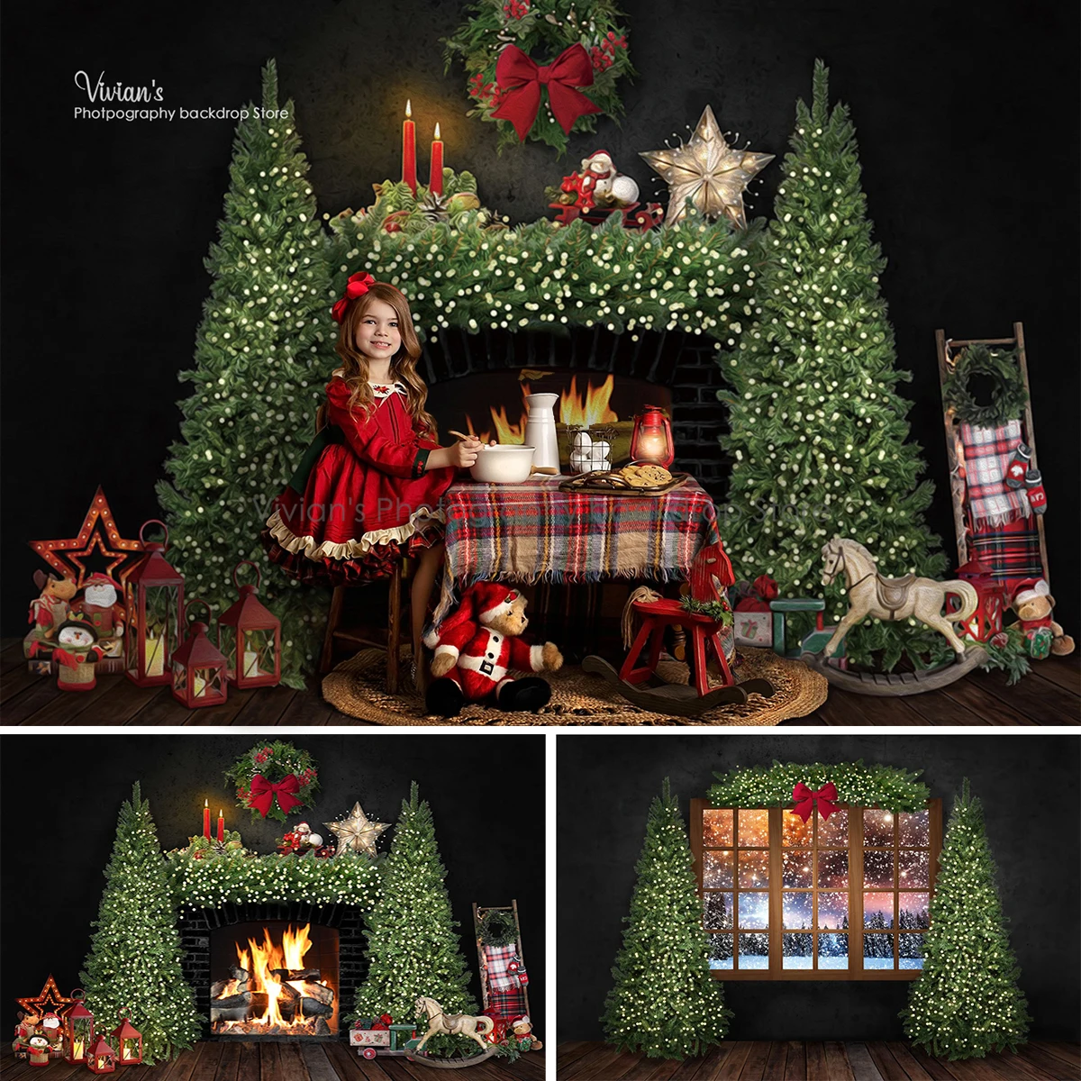 Christmas Background Fireplace Kids Baby Photography Polar Night Window BackdropTrees Family Photocall Toys Child Photostudio