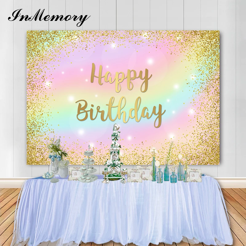 

InMemory Rianbow Color Bokeh Gold Glitter Backdrop For Photo Studio Kids Fairy Birthday Sweet Girls Party Background Customized