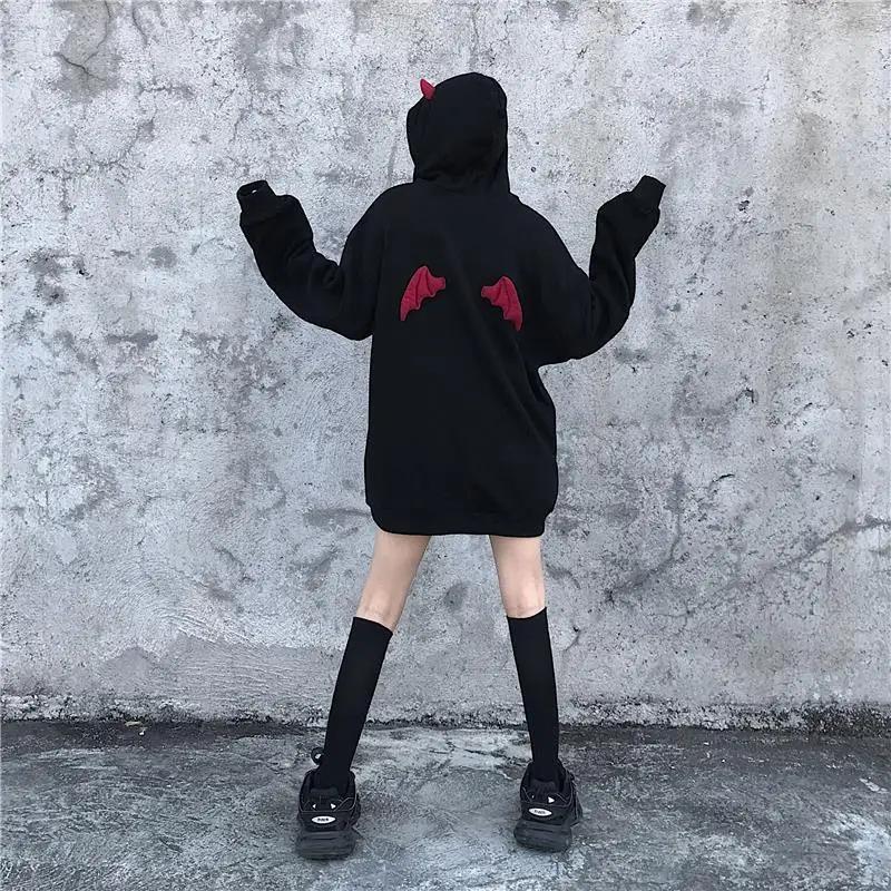 HOUZHOU Harajuku Women Hoodies Emo Gothic Sweatshirt Autumn Winter Kawaii Demon Fly Wings Loose Female Clothes Goth Streetwear