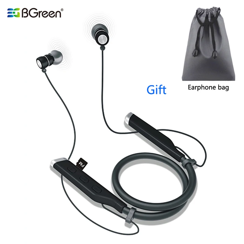 BGreen Bluetooth Sports Earphones Wireless Stereo Bendable Neckband Running Headset Support TF Card Playing Magnet Attraction