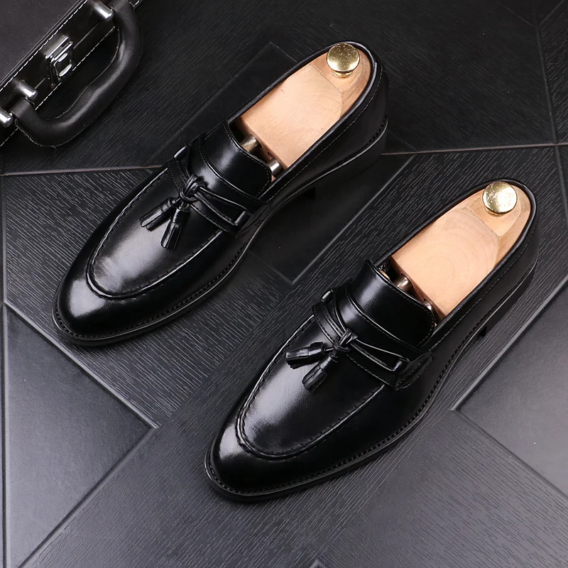 Korean designer mens fashion wedding party dress original leather shoes slip-on tassels shoe black breathable loafers gentleman