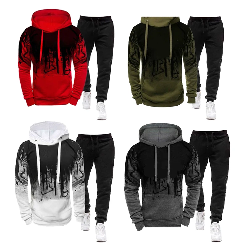 2Pcs Suit Spring Autumn Men\'s Sweatshirt Set Splash Ink Hoodies+Tracksuit Pants Casual Fitness Male Sportswear S-4XL Wholesale